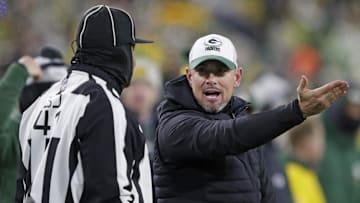 Nov 28, 2024; Green Bay, Wisconsin, USA; The Green Bay Packers head coach Matt LaFleur reacts to an official on a non call in the fourth quarter  at Lambeau Field. Mandatory Credit: Dan Powers-Imagn Images