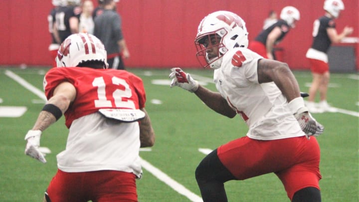 Wisconsin cornerback Michael Mack (11) covers receiver Trech Kekahuna during practice on Tuesday April 9, 2024 at the McClain Center in Madison, Wisconsin.
