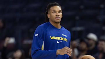 Oct 17, 2025; San Francisco, California, USA; olden State Warriors guard Will Richard warms up before facing the Los Angeles Clippers at Chase Center. Mandatory Credit: D. Ross Cameron-Imagn Images