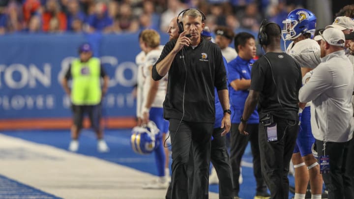 Oct 7, 2023; Boise, Idaho, USA; San Jose State Spartans head coach Brent Brennan during the second half against the Boise State Broncos at Albertsons Stadium. Boise State beats San Jose State 35-27.