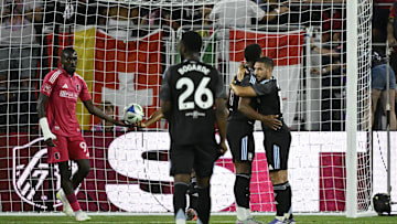 Jul 30, 2025; St. Louis, Missouri, USA; Aston Villa forward Ollie Watkins (11) in congratulated after scoring a goal against St. Louis City in the second half at Energizer Park. Mandatory Credit: Joe Puetz-Imagn Images