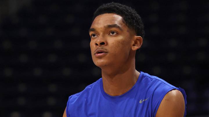 Feb 10, 2026; Pittsburgh, Pennsylvania, USA;  Duke Blue Devils guard Caleb Foster (1) warms up before the game against the Pittsburgh Panthers at Petersen Events Center. 