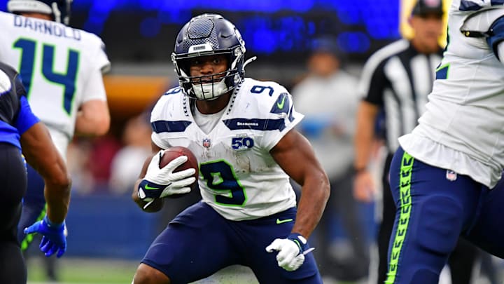 Nov 16, 2025; Inglewood, California, USA; Seattle Seahawks running back Kenneth Walker III (9) runs the ball during the first half against the Los Angeles Rams at SoFi Stadium.