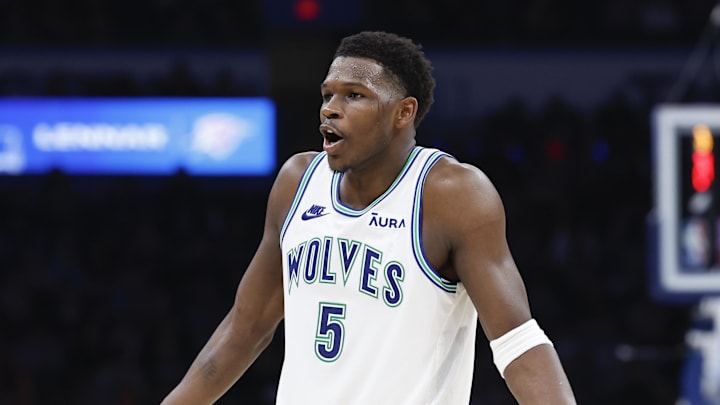 Jan 29, 2024; Oklahoma City, Oklahoma, USA; Minnesota Timberwolves guard Anthony Edwards (5) reacts after a play against the Oklahoma City Thunder during the second half at Paycom Center. Mandatory Credit: Alonzo Adams-Imagn Images