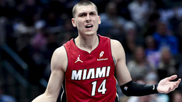 Feb 13, 2025; Dallas, Texas, USA;  Miami Heat guard Tyler Herro (14) reacts during the first half against the Dallas Mavericks at American Airlines Center. Mandatory Credit: Kevin Jairaj-Imagn Images