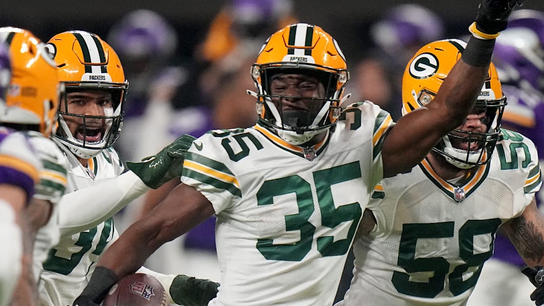 Green Bay Packers cornerback Corey Ballentine celebrates his interception during the first quarter of their game at U.S. Bank Stadium in Minneapolis, Minnesota.