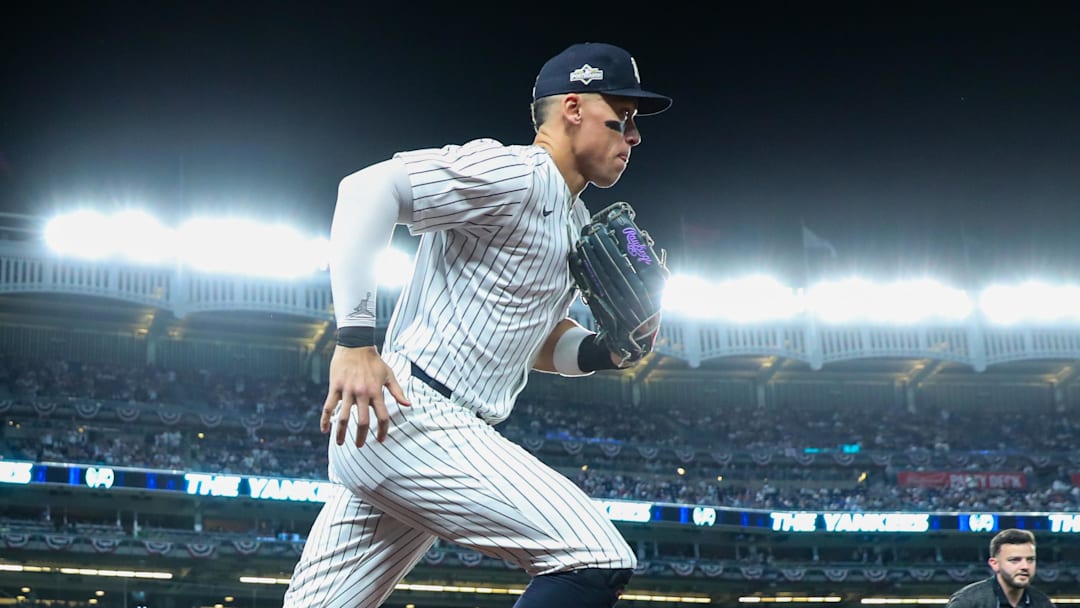 Oct 7, 2025; Bronx, New York, USA; New York Yankees outfielder Aaron Judge (99) takes the field prior to the game against the Toronto Blue Jays during game three of the ALDS round for the 2025 MLB playoffs at Yankee Stadium. Mandatory Credit: Wendell Cruz-Imagn Images