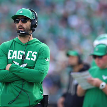 Oct 26, 2025; Philadelphia, Pennsylvania, USA; Philadelphia Eagles head coach Nick Sirianni looks on in the second quarter against the New York Giants at Lincoln Financial Field. Mandatory Credit: Bill Streicher-Imagn Images