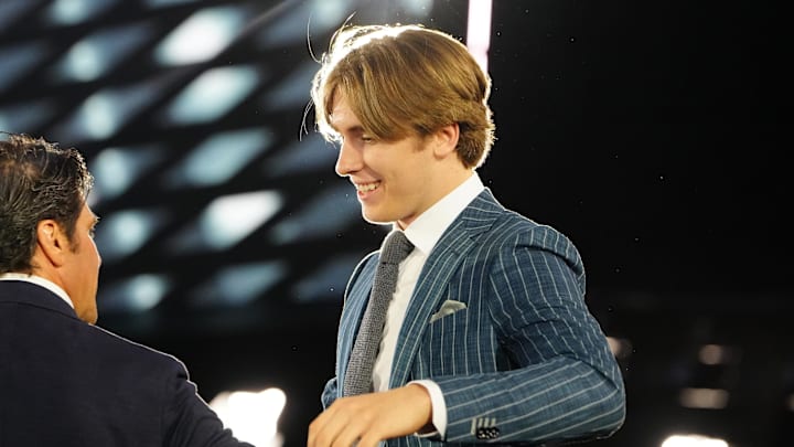 Jun 28, 2024; Las Vegas, Nevada, USA; Liam Greentree is selected by the Los Angeles Kings with the 26th overall pick in the first round of the 2024 NHL Draft at The Sphere. Mandatory Credit: Stephen R. Sylvanie-Imagn Images