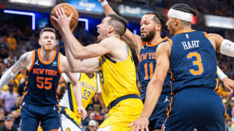 May 12, 2024; Indianapolis, Indiana, USA;  Indiana Pacers guard T.J. McConnell (9) shoots the ball against the New York Knicks.
