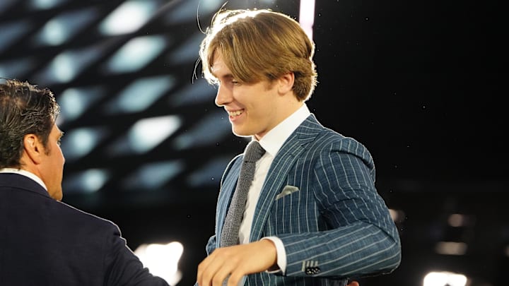 Jun 28, 2024; Las Vegas, Nevada, USA; Liam Greentree is selected by the Los Angeles Kings with the 26th overall pick in the first round of the 2024 NHL Draft at The Sphere. Mandatory Credit: Stephen R. Sylvanie-Imagn Images