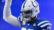 Indianapolis Colts defensive tackle Deforest Buckner (99) points up while running onto the field Sunday, Oct. 5, 2025, during a game against the Las Vegas Raiders at Lucas Oil Stadium in Indianapolis.