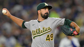May 15, 2025; Los Angeles, California, USA; Athletics pitcher Jason Alexander (49) throws a pitch against the Los Angeles Dodgers during the second inning of the game at Dodger Stadium.