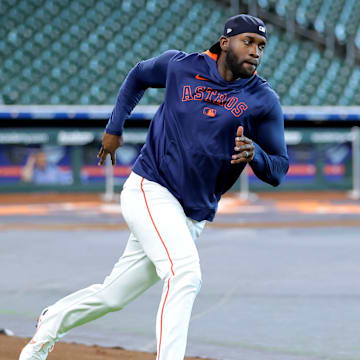 May 23, 2025; Houston, Texas, USA; Houston Astros designated hitter Yordan Alvarez (44) works out prior to the game against the Seattle Mariners at Daikin Park. 