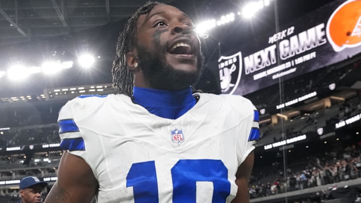 Nov 17, 2025; Paradise, Nevada, USA;  Dallas Cowboys wide receiver Ryan Flournoy (19) reacts towards the stands as he leaves the field following a game against the Las Vegas Raiders at Allegiant Stadium.