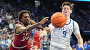 Kentucky Wildcats forward Trent Noah (9) battles Nicholls Colonels guard Zee Hamoda (24) for a loose ball in the first half at Rupp Arena in Lexington, Kentucky Nov. 4, 2025. Noah would get injured on the play and go to the bench.