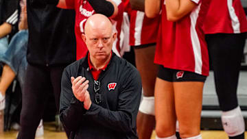 Oct 21, 2023; Lincoln, NE, USA; Wisconsin Badgers head coach Kelly Sheffield during the second set against the Nebraska Cornhuskers. Mandatory Credit: Dylan Widger-Imagn Images