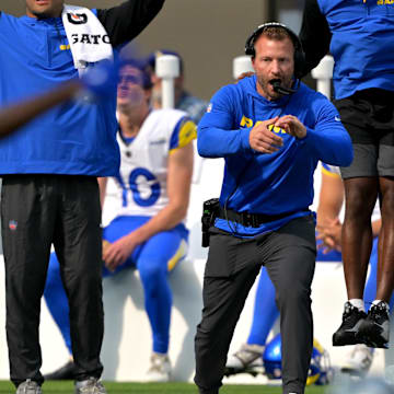 Aug 9, 2025; Inglewood, California, USA;  Los Angeles Rams head coach Sean McVay on the sidelines during the game against the Dallas Cowboys at SoFi Stadium. Mandatory Credit: Jayne Kamin-Oncea-Imagn Images