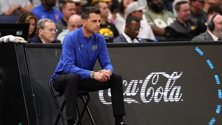 Mar 20, 2026; Tampa, FL, USA; Florida Gators head coach Todd Golden looks on during the first half against the Prairie View A&M Panthers during a first round game of the men's 2026 NCAA Tournament at Benchmark International Arena. Mandatory Credit: Matt Pendleton-Imagn Images