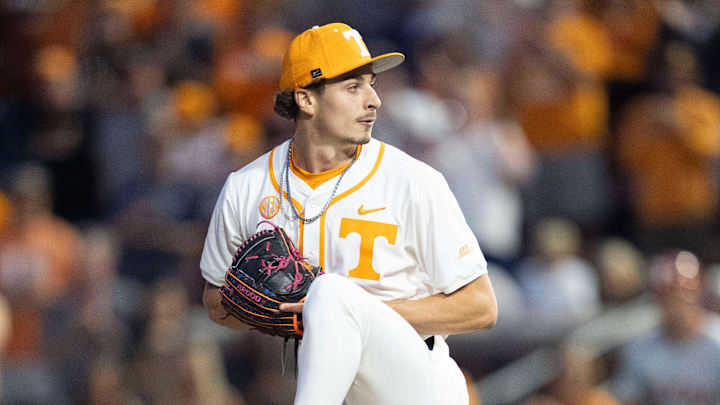Tennessee's Tegan Kuhns (21) pitches against Texas in an NCAA college baseball game in Knoxville, Tennessee on May 8, 2026.