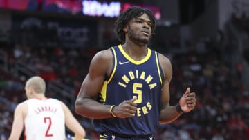 Oct 10, 2023; Houston, Texas, USA; Indiana Pacers forward Jarace Walker (5) reacts after a play during the game against the Houston Rockets at Toyota Center. Mandatory Credit: Troy Taormina-USA TODAY Sports