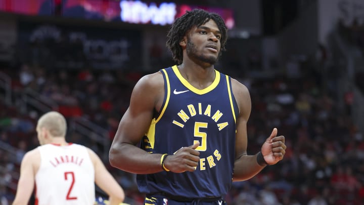 Oct 10, 2023; Houston, Texas, USA; Indiana Pacers forward Jarace Walker (5) reacts after a play during the game against the Houston Rockets at Toyota Center. Mandatory Credit: Troy Taormina-USA TODAY Sports