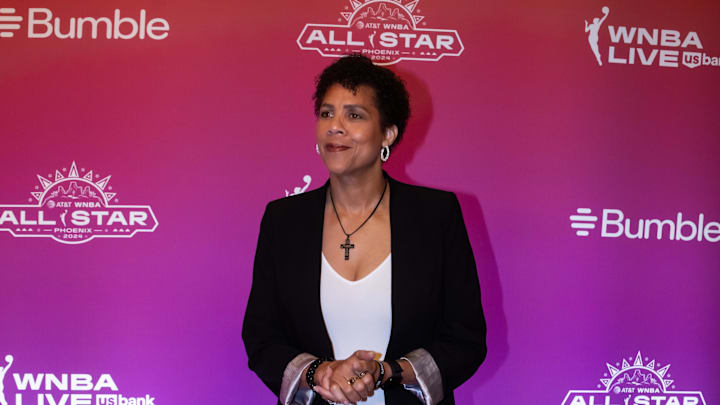 Jul 18, 2024; Phoenix, AZ, USA; WNBA all star team head coach Cheryl Miller walks the red carpet during the WNBA All Star weekend at the Phoenix Convention Center. Mandatory Credit: Mark J. Rebilas-Imagn Images