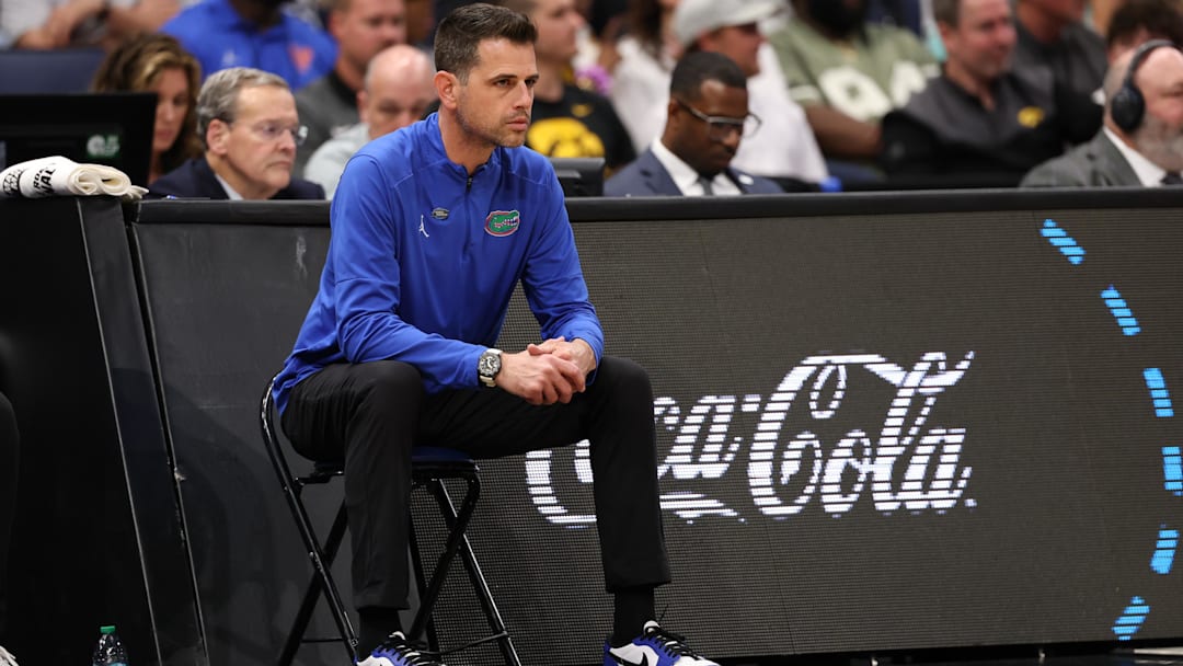Mar 20, 2026; Tampa, FL, USA; Florida Gators head coach Todd Golden looks on during the first half against the Prairie View A&M Panthers during a first round game of the men's 2026 NCAA Tournament at Benchmark International Arena. Mandatory Credit: Matt Pendleton-Imagn Images