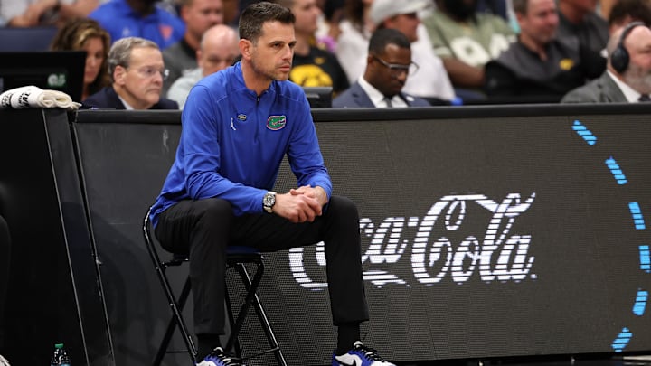 Mar 20, 2026; Tampa, FL, USA; Florida Gators head coach Todd Golden looks on during the first half against the Prairie View A&M Panthers during a first round game of the men's 2026 NCAA Tournament at Benchmark International Arena. Mandatory Credit: Matt Pendleton-Imagn Images