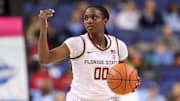 Florida State guard Ta'Niya Latson speaks to her teammates during a game.