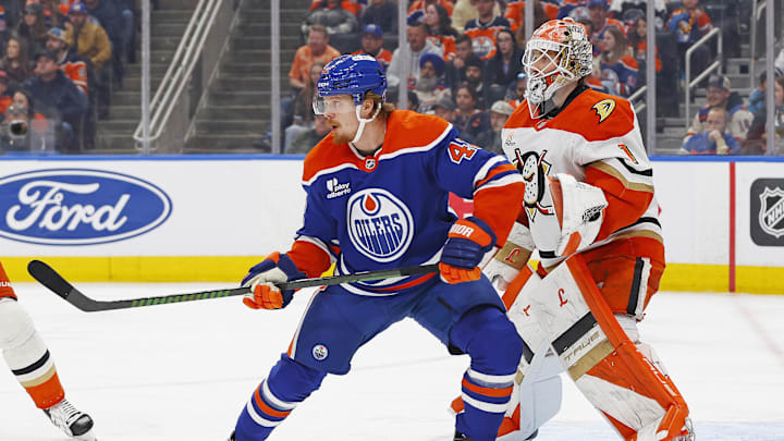 Mar 28, 2026; Edmonton, Alberta, CAN; Edmonton Oilers forward Kasperi Kapanen (42) tries to screen Anaheim Ducks goaltender Lucas Dostal (1) during the third period at Rogers Place. Mandatory Credit: Perry Nelson-Imagn Images