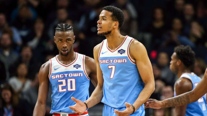 Dec 17, 2018; Minneapolis, MN, USA; Sacramento Kings forward Skal Labissiere (7) argues a call during the second quarter against the Minnesota Timberwolves at Target Center. Mandatory Credit: Brace Hemmelgarn-USA TODAY Sports