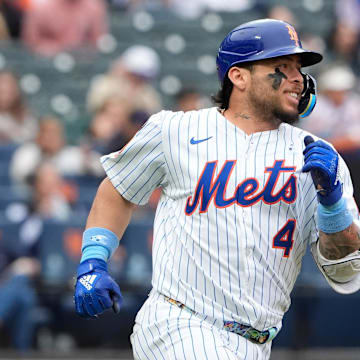 Jun 15, 2025; New York City, New York, USA; New York Mets catcher Francisco Alvarez (4) runs out a single against the Tampa Bay Rays during the ninth inning at Citi Field. Mandatory Credit: Gregory Fisher-Imagn Images