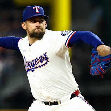 Aug 5, 2025; Arlington, Texas, USA;  Texas Rangers starting pitcher Nathan Eovaldi (17) throws during the eighth inning against the New York Yankees at Globe Life Field. 