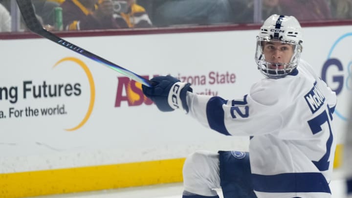 Penn State Nittany Lions forward Gavin McKenna (72) shoots and scores a goal against the Arizona State Sun Devils: Joe Camporeale-Imagn Images