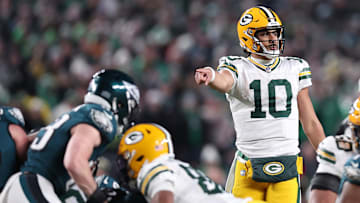 Jan 12, 2025; Philadelphia, Pennsylvania, USA; Green Bay Packers quarterback Jordan Love (10) reacts against the Philadelphia Eagles during the first half in an NFC wild card game at Lincoln Financial Field. Mandatory Credit: Bill Streicher-Imagn Images