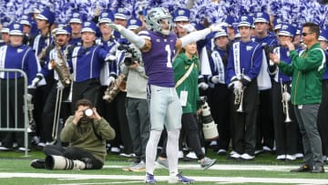 Nov 11, 2023; Manhattan, Kansas, USA; Kansas State Wildcats cornerback Keenan Garber (1) celebrates a fourth down stop during the second quarter against the Baylor Bears at Bill Snyder Family Football Stadium. Mandatory Credit: Scott Sewell-USA TODAY Sports