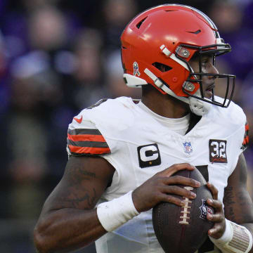 Nov 12, 2023; Baltimore, Maryland, USA;  Cleveland Browns quarterback Deshaun Watson (4) looks to pass against the Baltimore Ravens during the second half at M&T Bank Stadium.