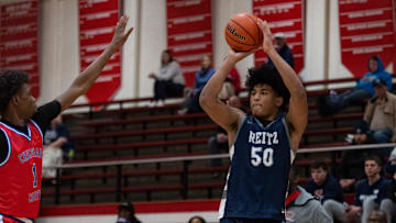 Reitz’s Jaylan Mitchell (50) takes a shot as the Reitz Panthers play the Christian County Colonels during the fifth annual Banterra Bank Warrior Showcase at Harrison High School in Evansville, Ind., Saturday, Jan. 18, 2025.