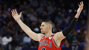 Feb 2, 2025; Detroit, Michigan, USA; Chicago Bulls center Nikola Vucevic (9) reacts in the first half against the Detroit Pistons at Little Caesars Arena. Mandatory Credit: Rick Osentoski-Imagn Images