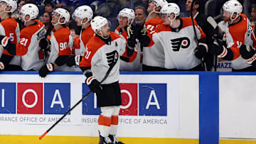 Nov 7, 2024; Tampa, Florida, USA; Philadelphia Flyers right wing Travis Konecny (11) celebrates after a goal during the overtime shootout against the Tampa Bay Lightning at Amalie Arena. Mandatory Credit: Kim Klement Neitzel-Imagn Images