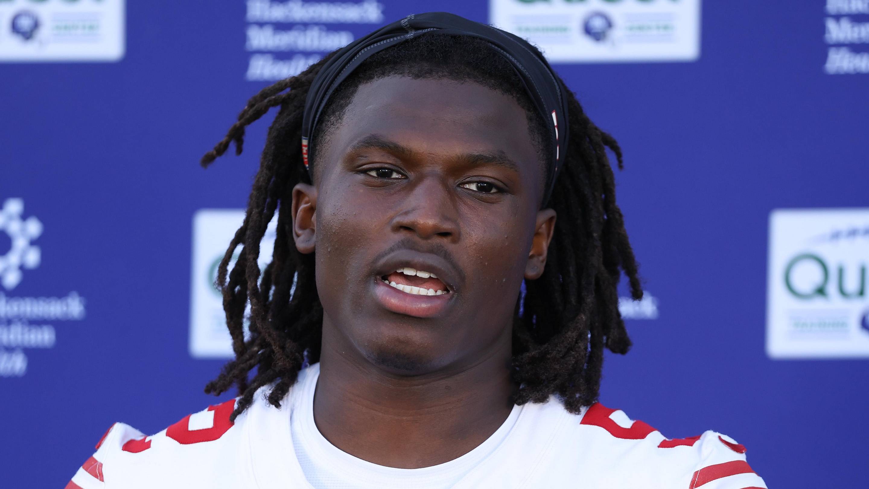 Jun 9, 2026; East Rutherford, NJ, USA; New York Giants linebacker Arvell Reese (52) answers questions from the press after the minicamp activities at Quest Diagnostics Center. Mandatory Credit: Thomas Salus-Imagn Images