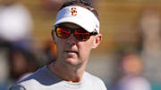 Oct 28, 2023; Berkeley, California, USA; USC Trojans head coach Lincoln Riley before the game against the California Golden Bears at California Memorial Stadium. Mandatory Credit: Darren Yamashita-Imagn Images