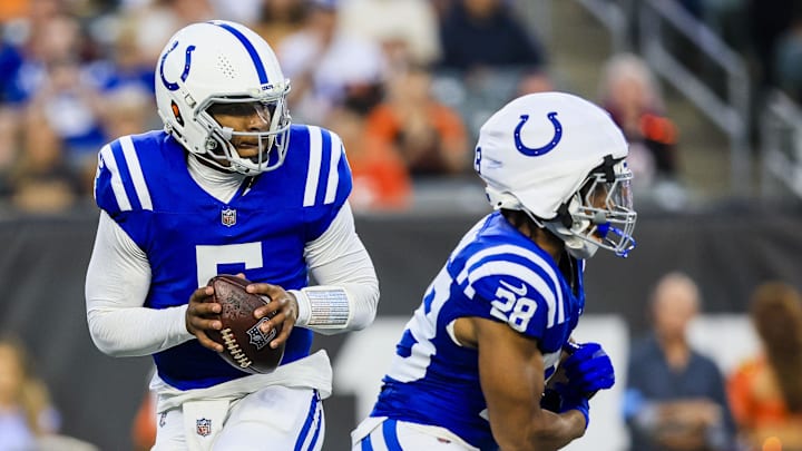 Aug 22, 2024; Cincinnati, Ohio, USA; Indianapolis Colts quarterback Anthony Richardson (5) runs with the ball against the Cincinnati Bengals in the first half at Paycor Stadium. Mandatory Credit: Katie Stratman-Imagn Images