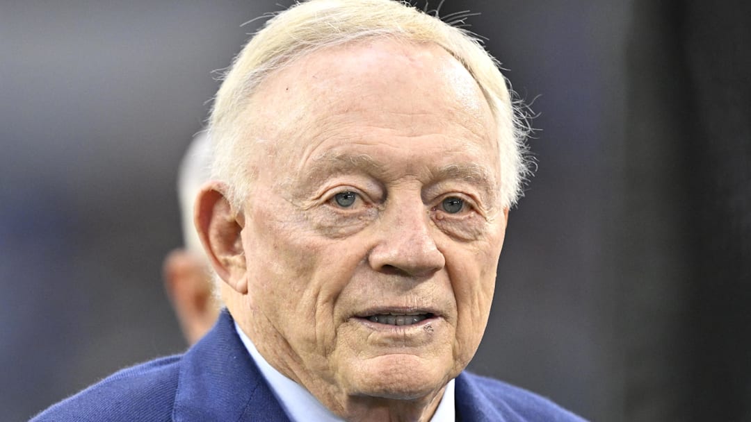 Sep 28, 2025; Arlington, Texas, USA; Dallas Cowboys owner Jerry Jones looks on before the game against the Green Bay Packers at AT&T Stadium. Man