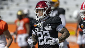 Jan 29, 2025; Mobile, AL, USA; American team defensive back Billy Bowman Jr. of Oklahoma (22) runs through drills during Senior Bowl practice at Hancock Whitney Stadium. Mandatory Credit: Vasha Hunt-Imagn Images