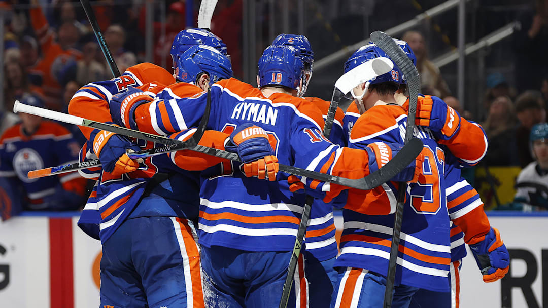 Jan 29, 2026; Edmonton, Alberta, CAN; The Edmonton Oilers celebrate a goal scored by defensemen Evan Bouchard (2) during the third period against the San Jose Sharks  at Rogers Place. Mandatory Credit: Perry Nelson-Imagn Images