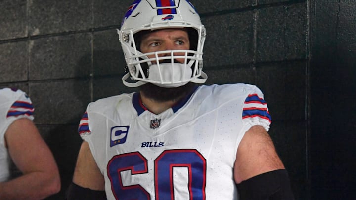 Nov 26, 2023; Philadelphia, Pennsylvania, USA; Buffalo Bills center Mitch Morse (60) in the tunnel before game against the Philadelphia Eagles at Lincoln Financial Field. Mandatory Credit: Eric Hartline-Imagn Images