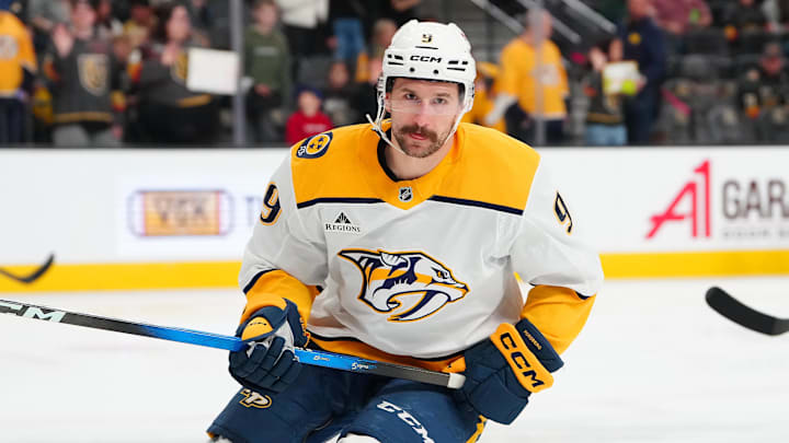 Jan 17, 2026; Las Vegas, Nevada, USA; Nashville Predators left wing Filip Forsberg (9) warms up before a game against the Vegas Golden Knights at T-Mobile Arena. Mandatory Credit: Stephen R. Sylvanie-Imagn Images