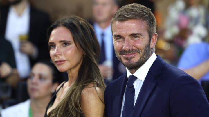 Jul 21, 2023; Fort Lauderdale, FL, USA; Inter Miami CF co-owner David Beckham and wife Victoria look on before the match against Cruz Azul at DRV PNK Stadium. Mandatory Credit: Nathan Ray Seebeck-USA TODAY Sports